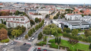 Skrzyżowanie ul. Garbary, Krakowskiej, Kazimierza Wielkiego i Strzeleckiej widziane z perspektywy lotu ptaka