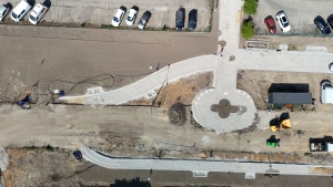Plac budowy w rejonie Stadionu im. E. Szyca widziany z perspektywy lotu ptaka