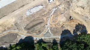 Plac budowy w rejonie Stadionu im. E. Szyca widziany z perspektywy lotu ptaka