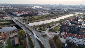 Przygotowana przewiązka na moście Chrobrego widziana z lotu ptaka