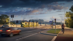 Poglądowa wizualizacja mostu Chrobrego o zachodzie słońca 